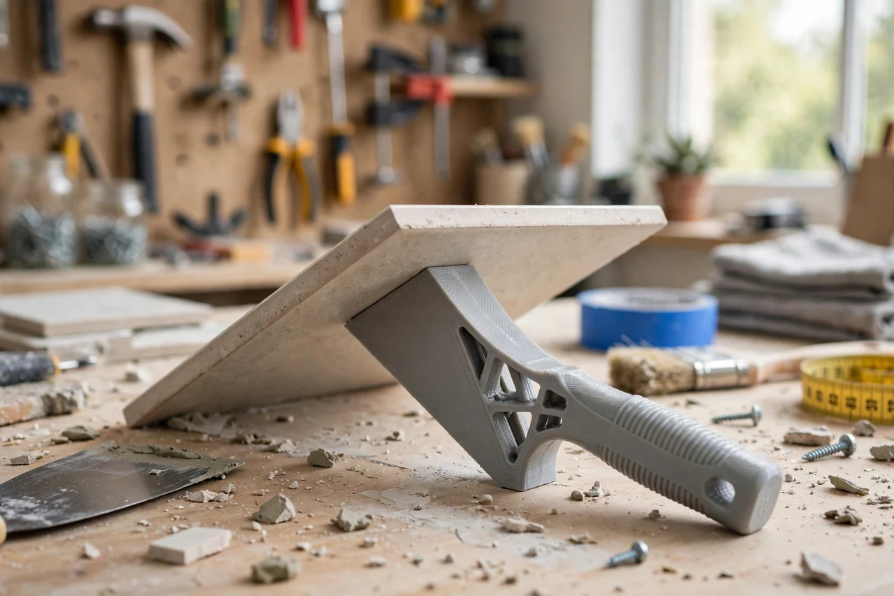 View of the finished 3D printed tile edge lifting wedge tool in use on a home repair project on a workbench, tidy workshop background in soft focus, bright natural light