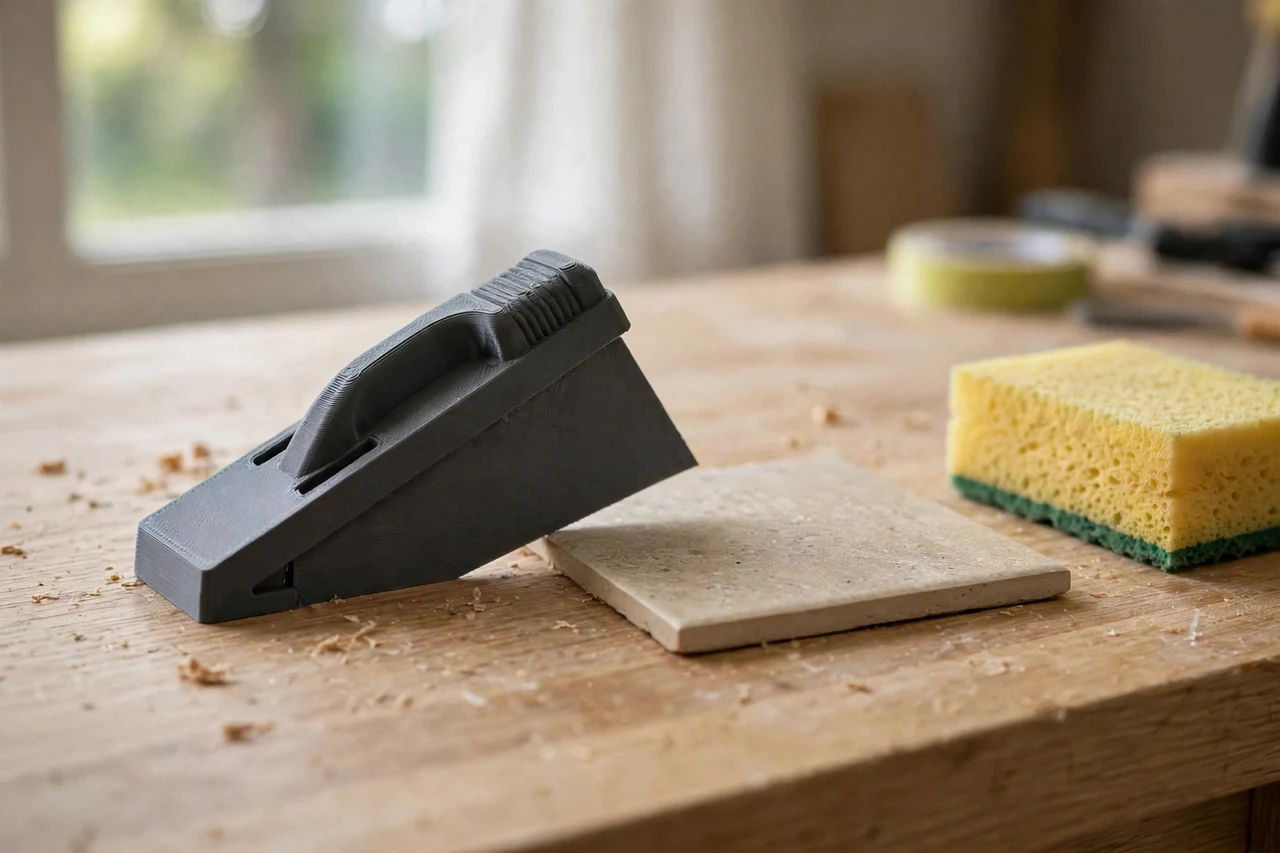 Home workshop scene on a light oak workbench, a matte charcoal-gray 3D printed tile edge lifting wedge tool beside a spare tile and a grout sponge, soft natural window light, shallow depth of field