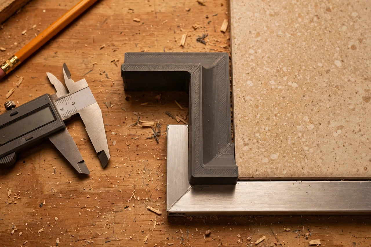 Close-up top-down view of a matte charcoal-gray 3D printed tile edge trim fitting guide being test-fitted against tile edge trim and a tile on a workbench, calipers and a pencil nearby, warm workshop lighting