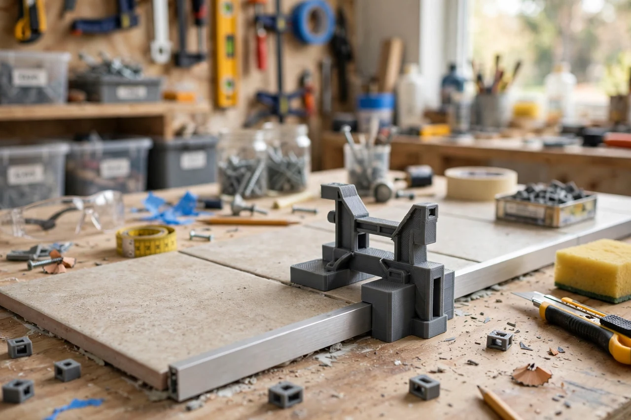 View of the finished 3D printed tile edge trim fitting guide in use on a home improvement project on a workbench, tidy workshop background in soft focus, bright natural light