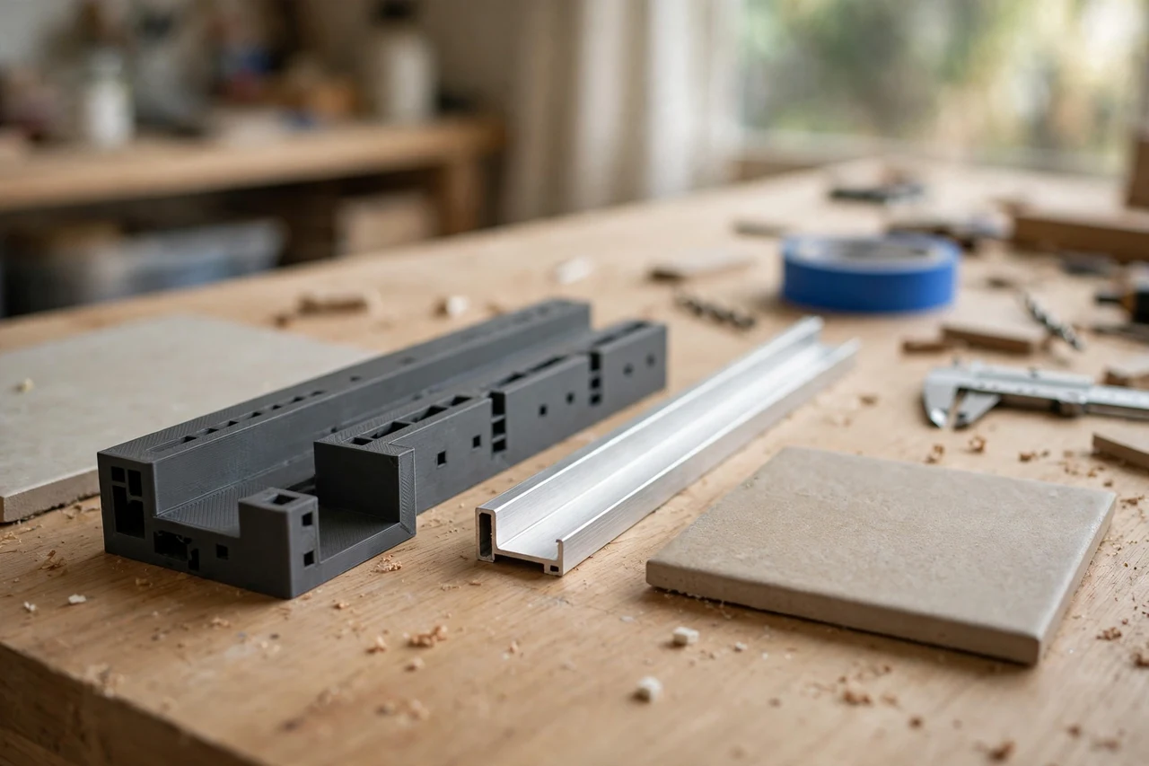 Home workshop scene on a light oak workbench, a matte charcoal-gray 3D printed tile edge trim fitting guide beside tile edge trim and a tile, soft natural window light, shallow depth of field