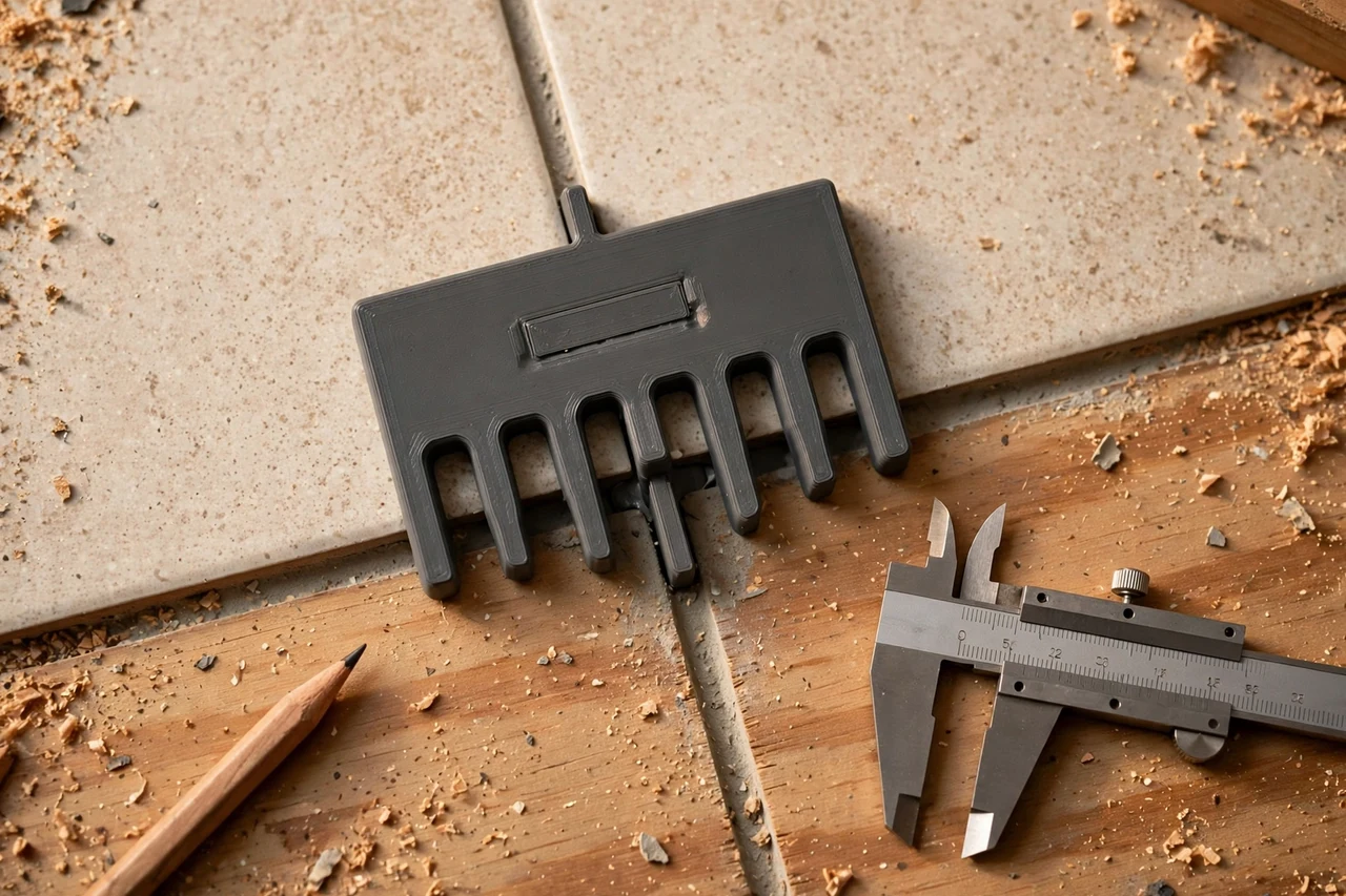 Close-up top-down view of a matte charcoal-gray 3D printed tile grout line spacing gauge being test-fitted against floor tiles and grout joints on a workbench, calipers and a pencil nearby, warm workshop lighting