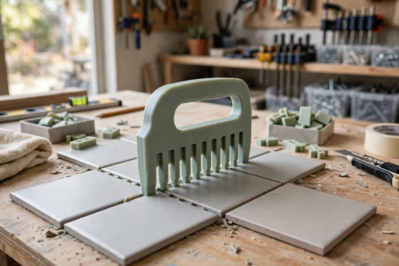 View of the finished 3D printed tile grout line spacing gauge in use on a home repair project on a workbench, tidy workshop background in soft focus, bright natural light