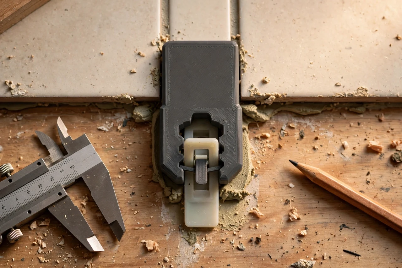 Close-up top-down view of a matte charcoal-gray 3D printed tile leveling clip remover tool being test-fitted against a tile leveling clip left in place after the adhesive set on a workbench, calipers and a pencil nearby, warm workshop lighting