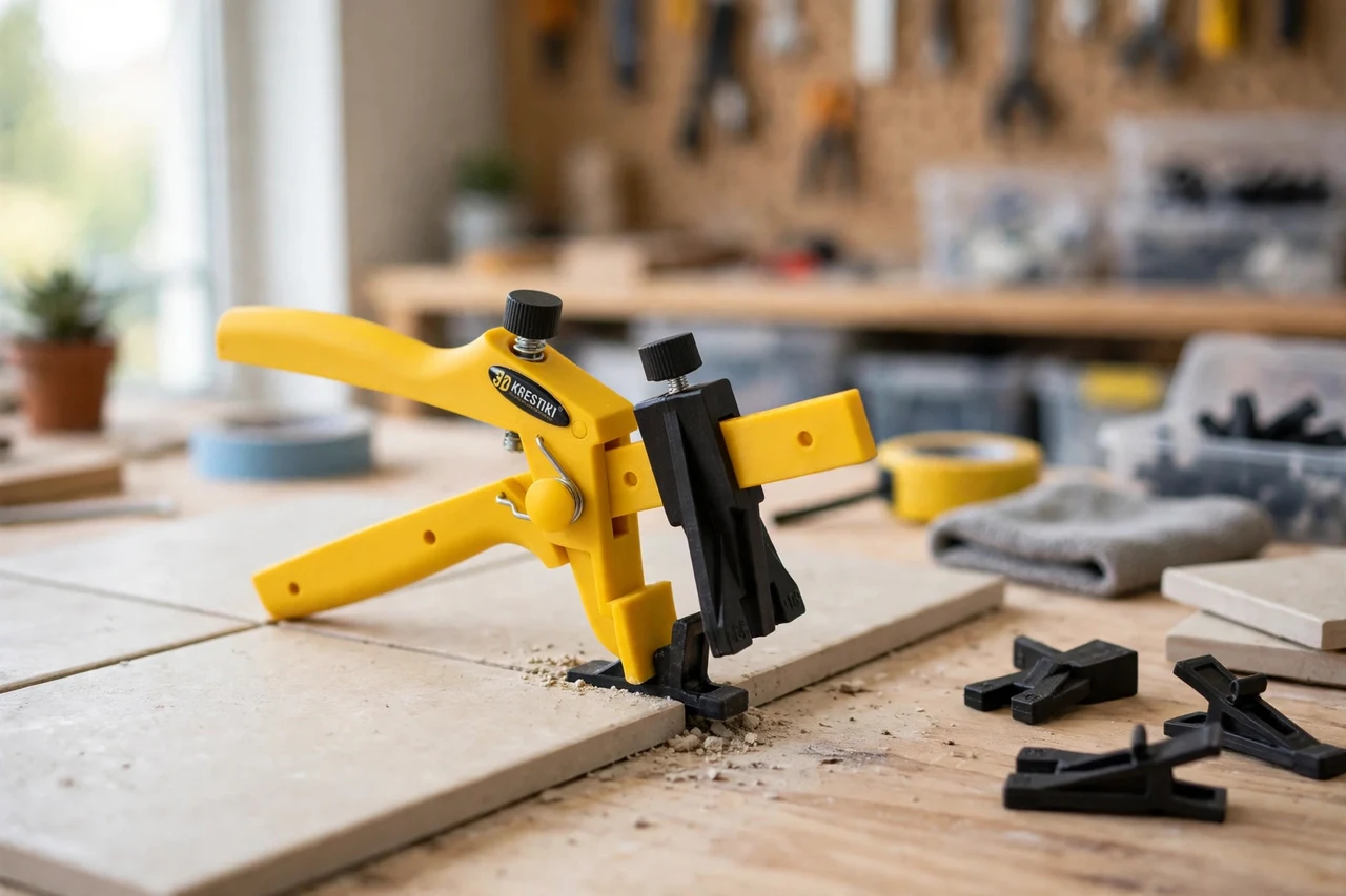 View of the finished 3D printed tile leveling clip remover tool in use on a home repair project on a workbench, tidy workshop background in soft focus, bright natural light