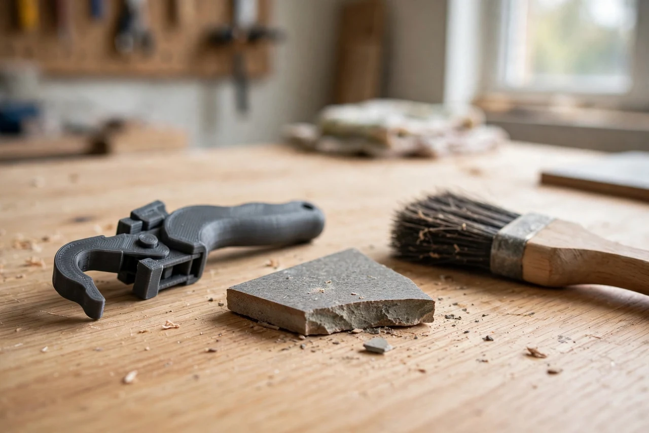 Home workshop scene on a light oak workbench, a matte charcoal-gray 3D printed tile leveling clip remover tool beside a tiled offcut and a dust brush, soft natural window light, shallow depth of field