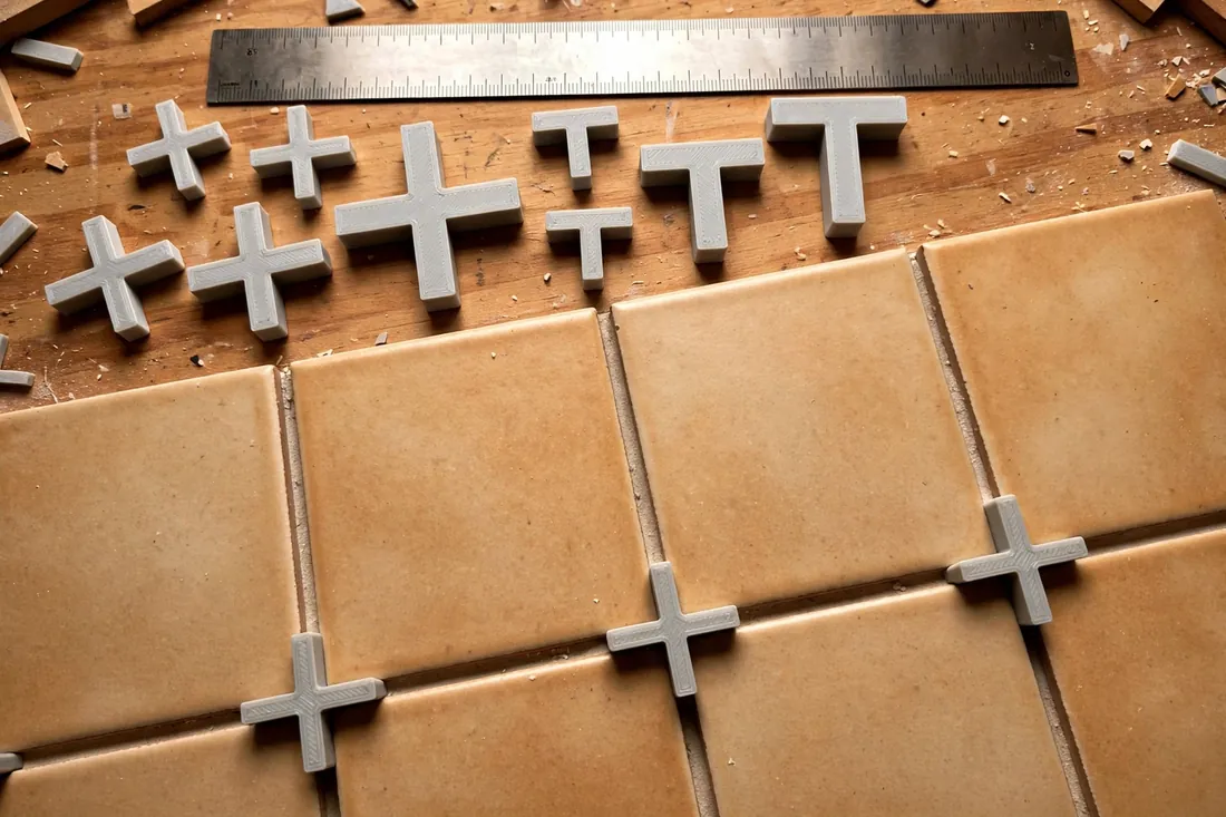 Close-up top-down view of 3D printed tile spacers in cross and T shapes in several sizes arranged beside a steel ruler on a single ceramic tile