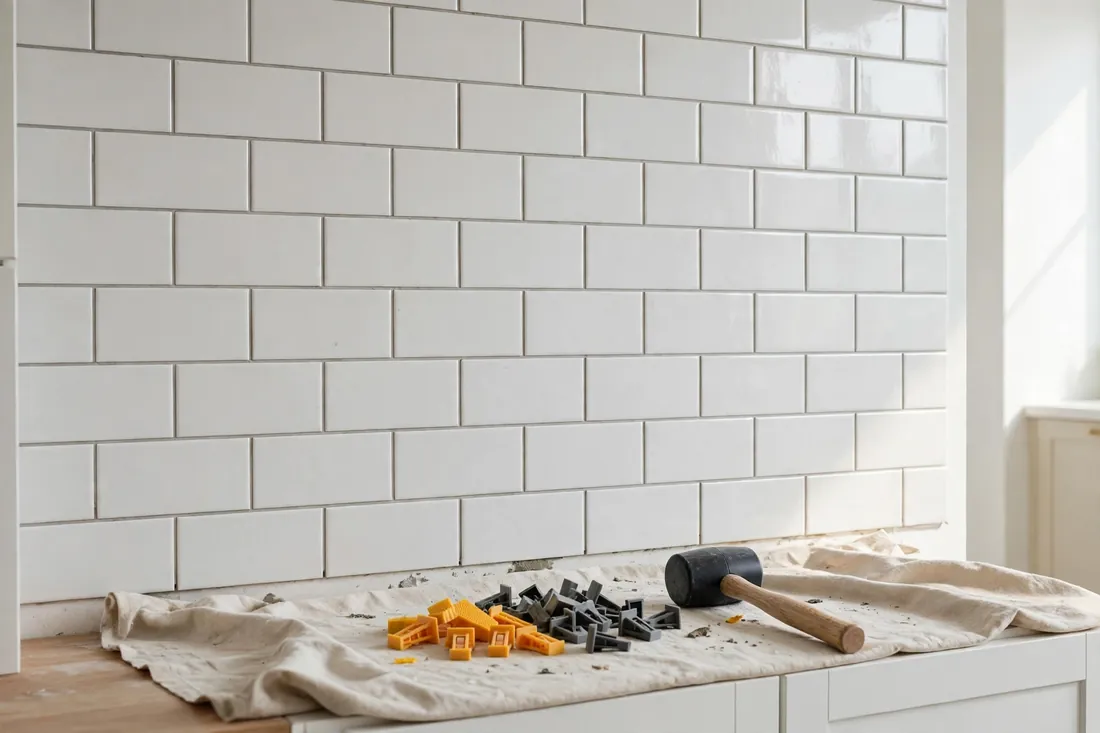 A finished section of tiled kitchen wall with straight, even grout lines and flat tile faces catching soft daylight