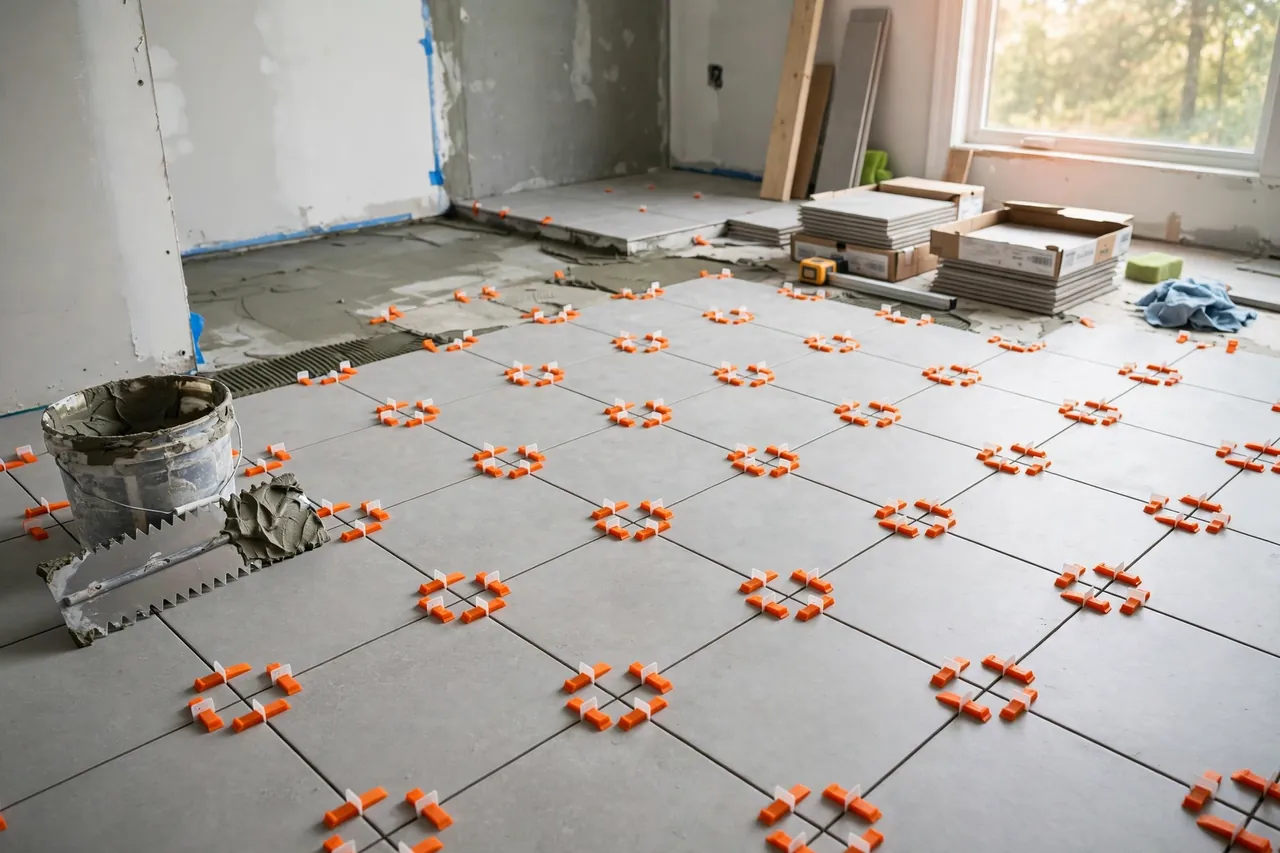 A bright home bathroom renovation scene, large matte light-gray floor tiles laid in a neat grid on a work-in-progress floor