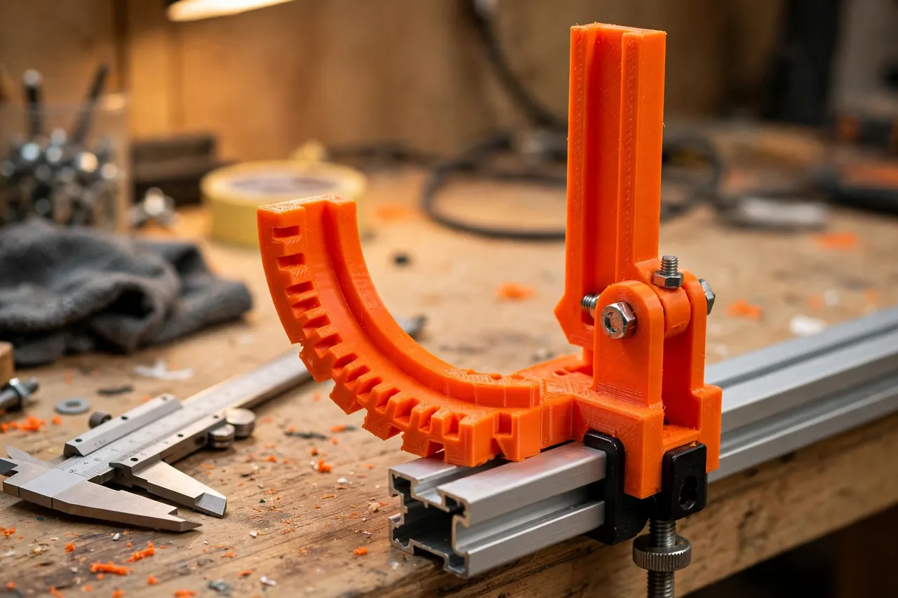 Close-up of a bright-orange 3D printed tilt bracket on a workbench showing the hinged upright