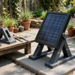 A sunny garden scene with a small framed solar panel held at an angle on matte charcoal-gray 3D printed tilt brackets on a flat patio base