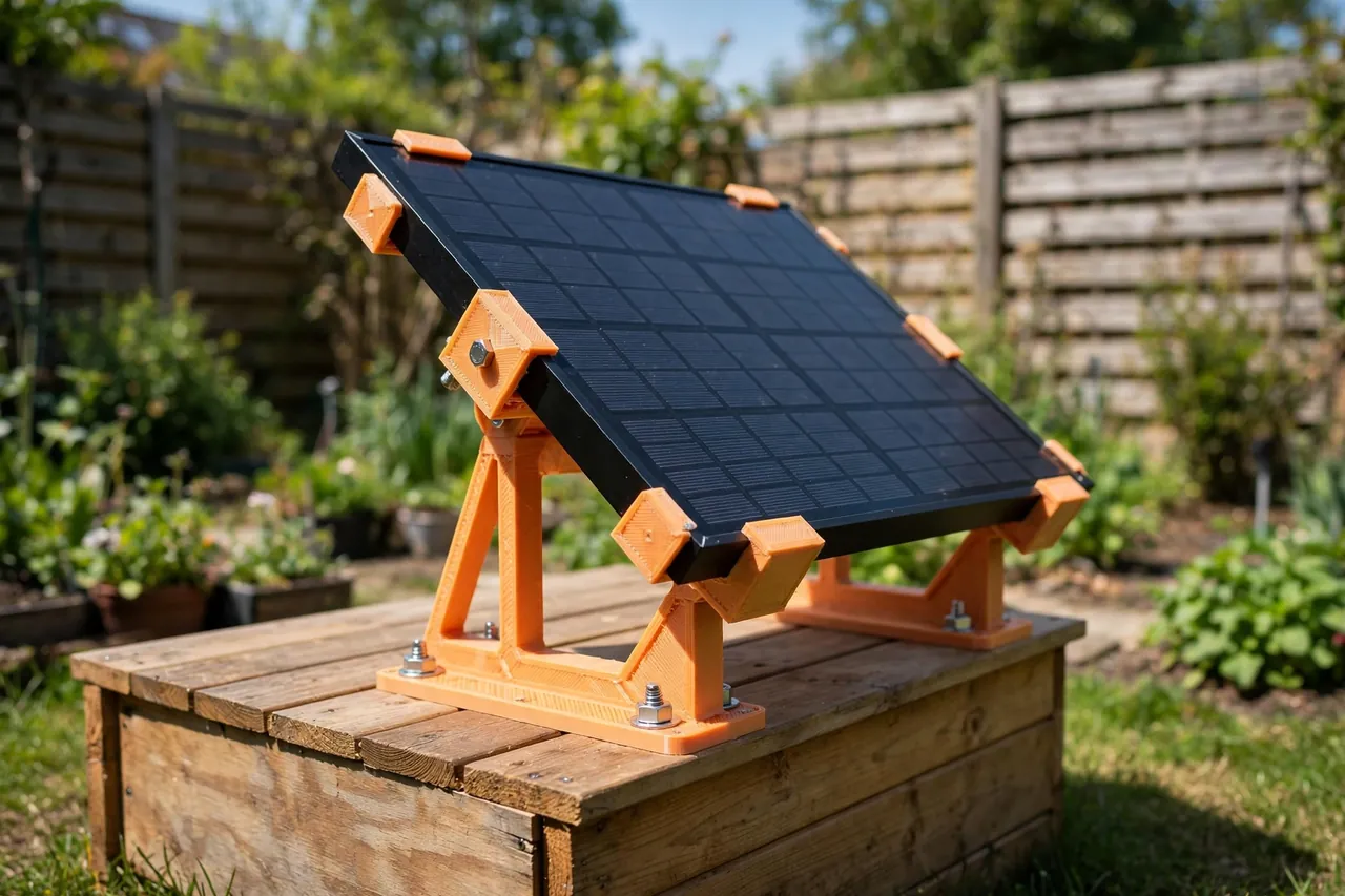 A finished small solar panel installation on a shed base at midday, tilted toward the sun on printed brackets, garden and fence in soft focus behind