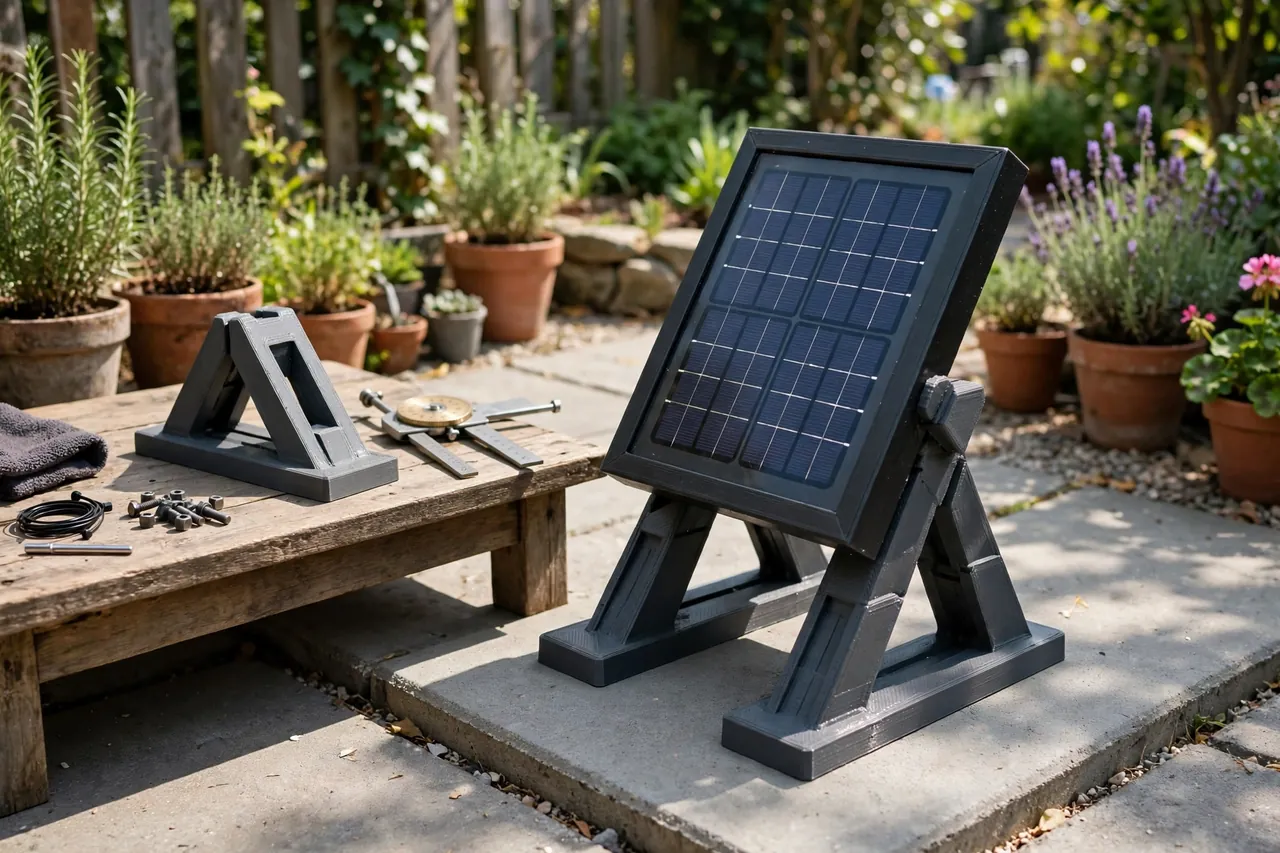 A sunny garden scene with a small framed solar panel held at an angle on matte charcoal-gray 3D printed tilt brackets on a flat patio base