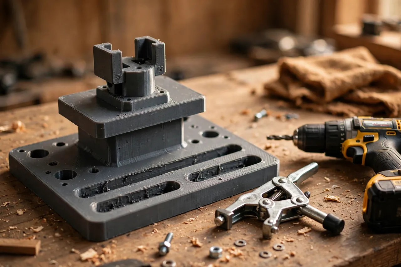 Close-up of a 3D printed toggle clamp base showing its bolt slots, mounting holes, and raised clamp platform