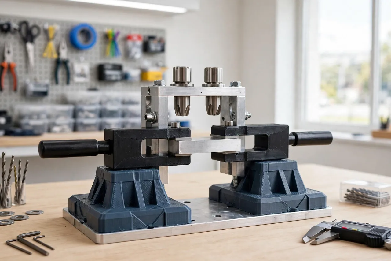 A small drilling jig fitted with two toggle clamps on printed bases, a workpiece clamped square in place, bright clean workshop
