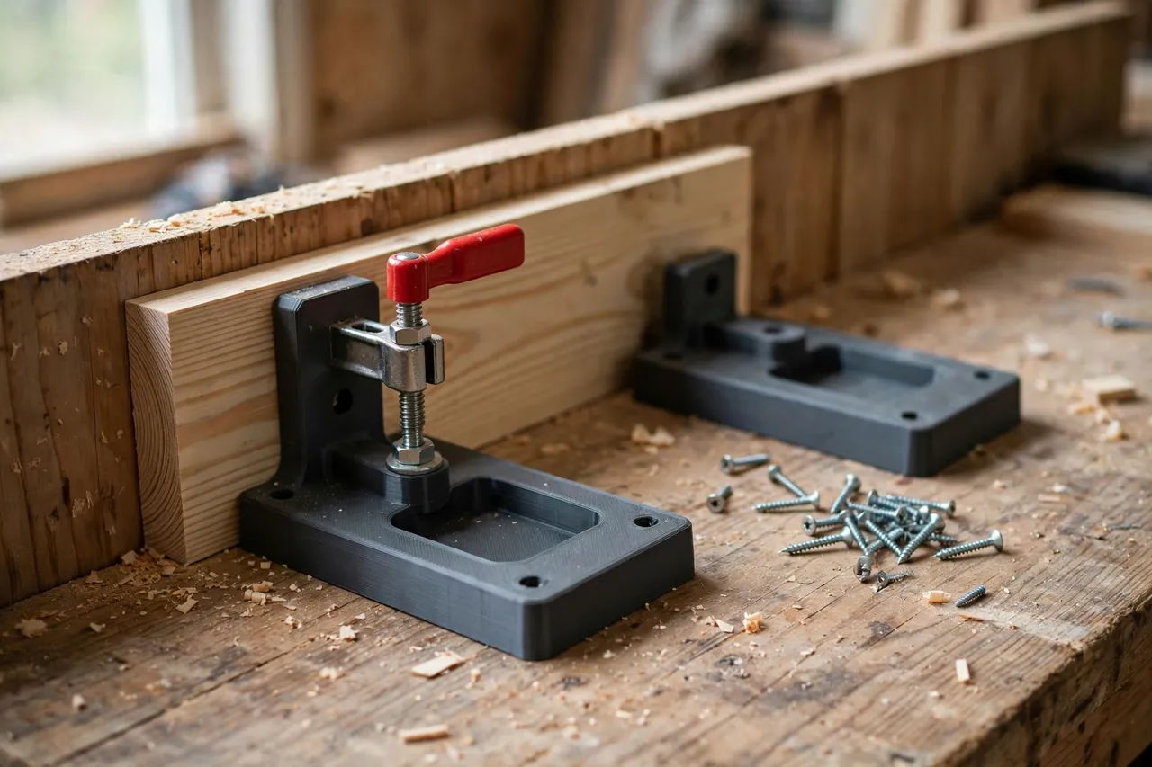A home workshop scene on a wooden workbench