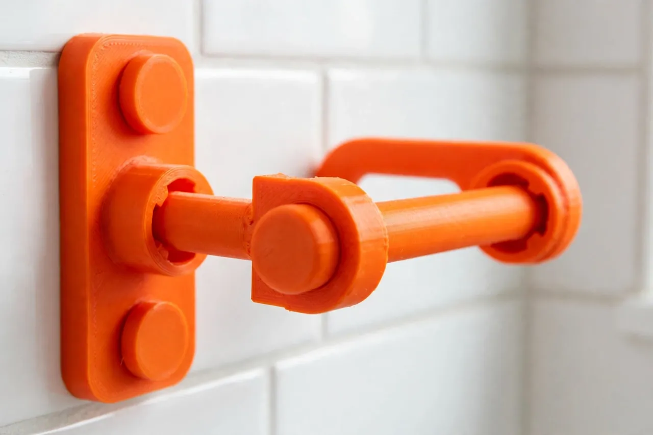 Close-up of a bright-orange 3D printed toilet paper holder arm and mounting plate on a bathroom wall