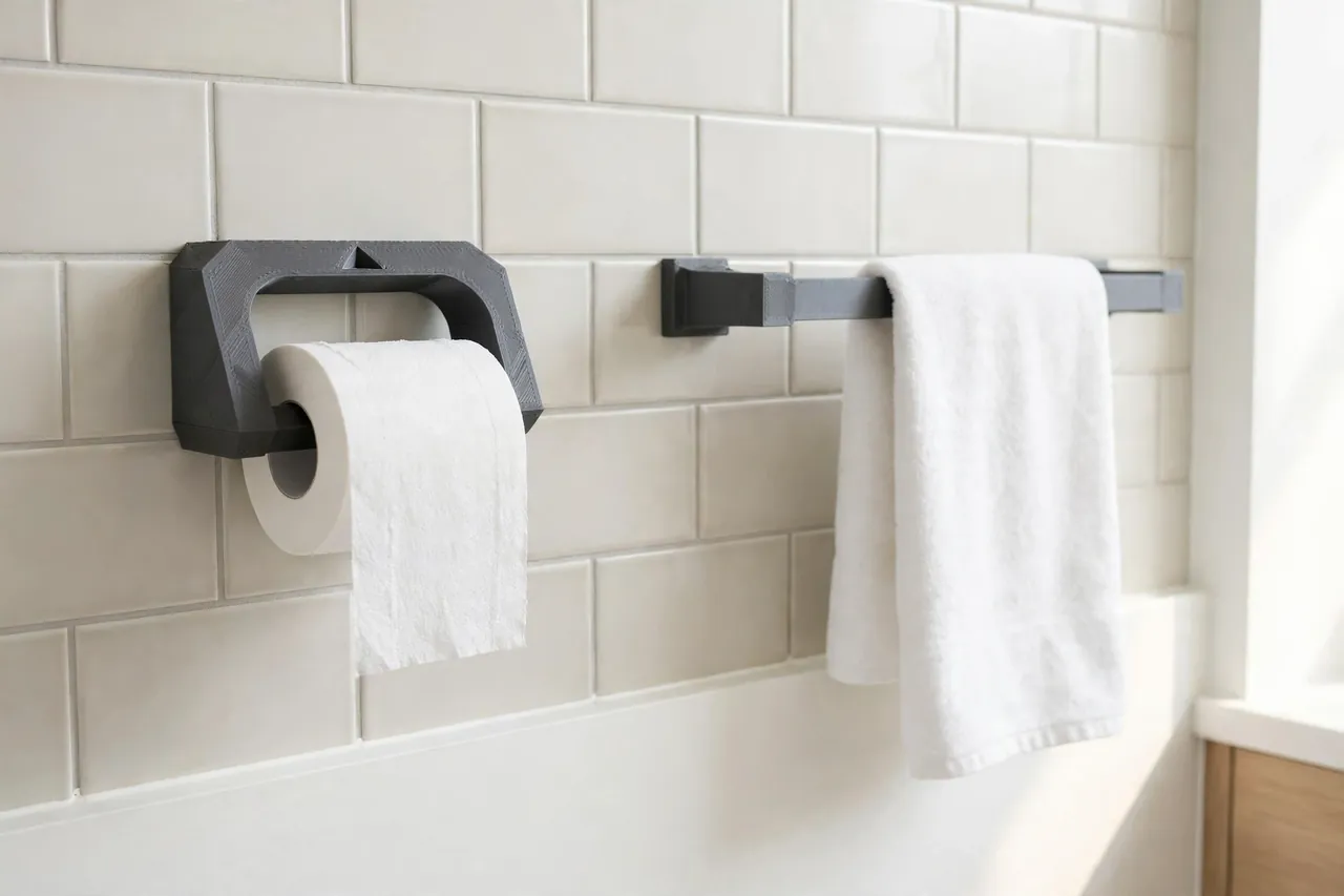 A finished bathroom wall with the printed toilet paper holder in daily use beside a matching printed towel bar