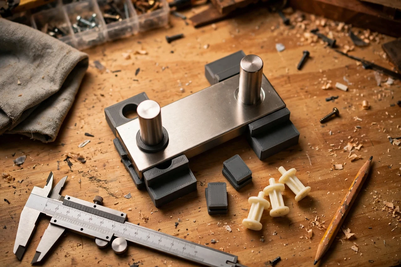 Close-up top-down view of a matte charcoal-gray 3D printed toilet paper holder shims being test-fitted against a toilet paper holder and wall spacers on a workbench, calipers and a pencil nearby, warm workshop lighting
