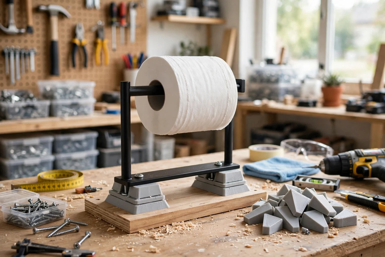 View of the finished 3D printed toilet paper holder shims in use on a home improvement project on a workbench, tidy workshop background in soft focus, bright natural light