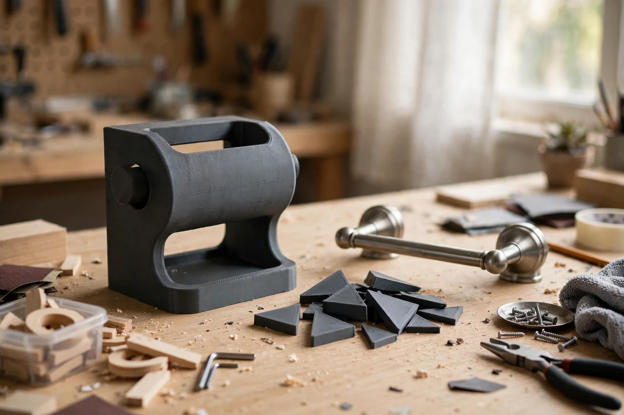 Home workshop scene on a light oak workbench, a matte charcoal-gray 3D printed toilet paper holder shims beside a toilet paper holder and shims, soft natural window light, shallow depth of field