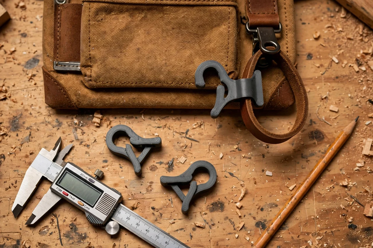 Close-up top-down view of a matte charcoal-gray 3D printed tool belt hammer loop clips being test-fitted against a hammer loop clipped to a tool belt on a workbench, calipers and a pencil nearby, warm workshop lighting