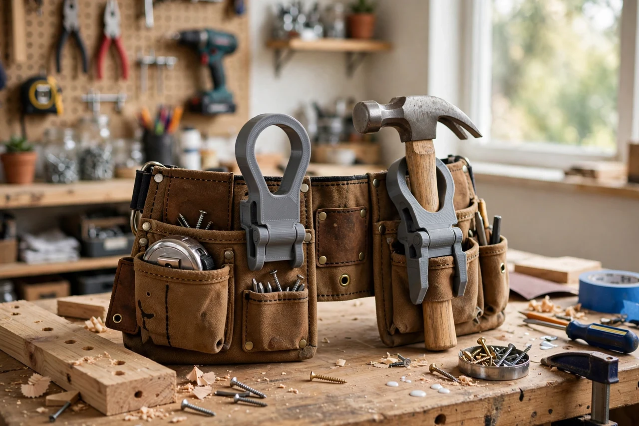 View of the finished 3D printed tool belt hammer loop clips in use on a home repair project on a workbench, tidy workshop background in soft focus, bright natural light