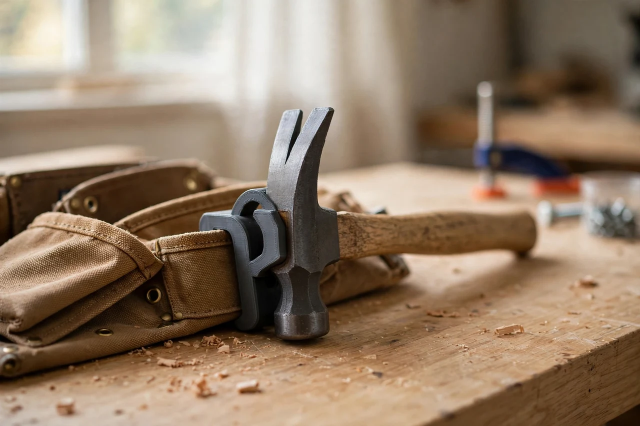 Home workshop scene on a light oak workbench, a matte charcoal-gray 3D printed tool belt hammer loop clips holding a hammer loop clipped to a tool belt, soft natural window light, shallow depth of field