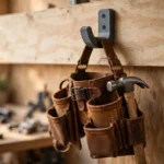 A workshop wall with a leather tool belt hanging from a charcoal-gray 3D printed hook on a plywood board