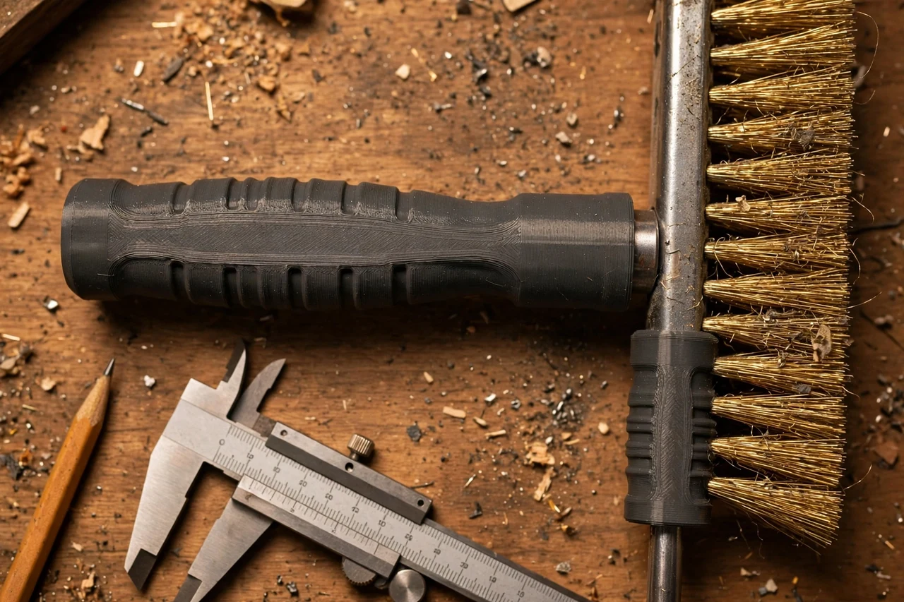 Close-up top-down view of a matte charcoal-gray 3D printed tool cleaning wire brush handle being test-fitted against a wire brush used for cleaning hand tools on a workbench, calipers and a pencil nearby, warm workshop lighting