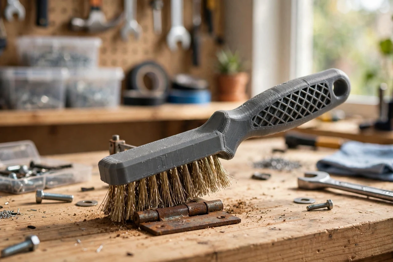 View of the finished 3D printed tool cleaning wire brush handle in use on a home repair project on a workbench, tidy workshop background in soft focus, bright natural light