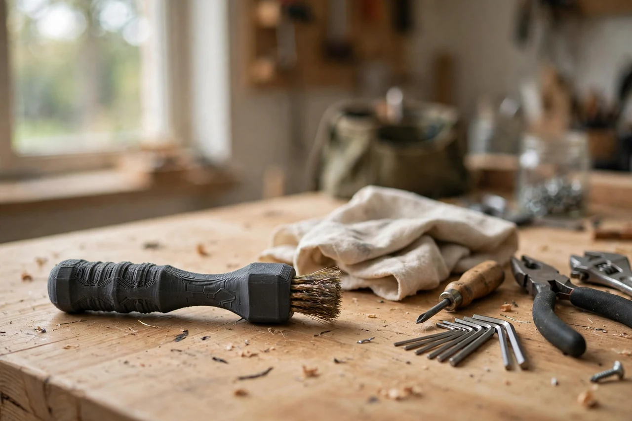 Home workshop scene on a light oak workbench, a matte charcoal-gray 3D printed tool cleaning wire brush handle beside hand tools and a cleaning rag, soft natural window light, shallow depth of field