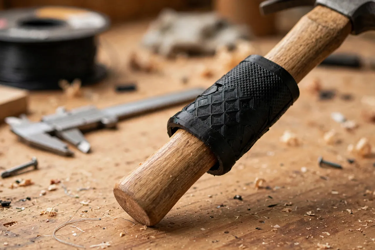 Close-up of a 3D printed grip sleeve being slipped onto a hammer handle on a workbench, the sleeve's textured surface visible, warm workshop lighting