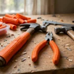 A bright workshop bench with matte orange 3D printed grip sleeves slipped onto a claw hammer and pliers