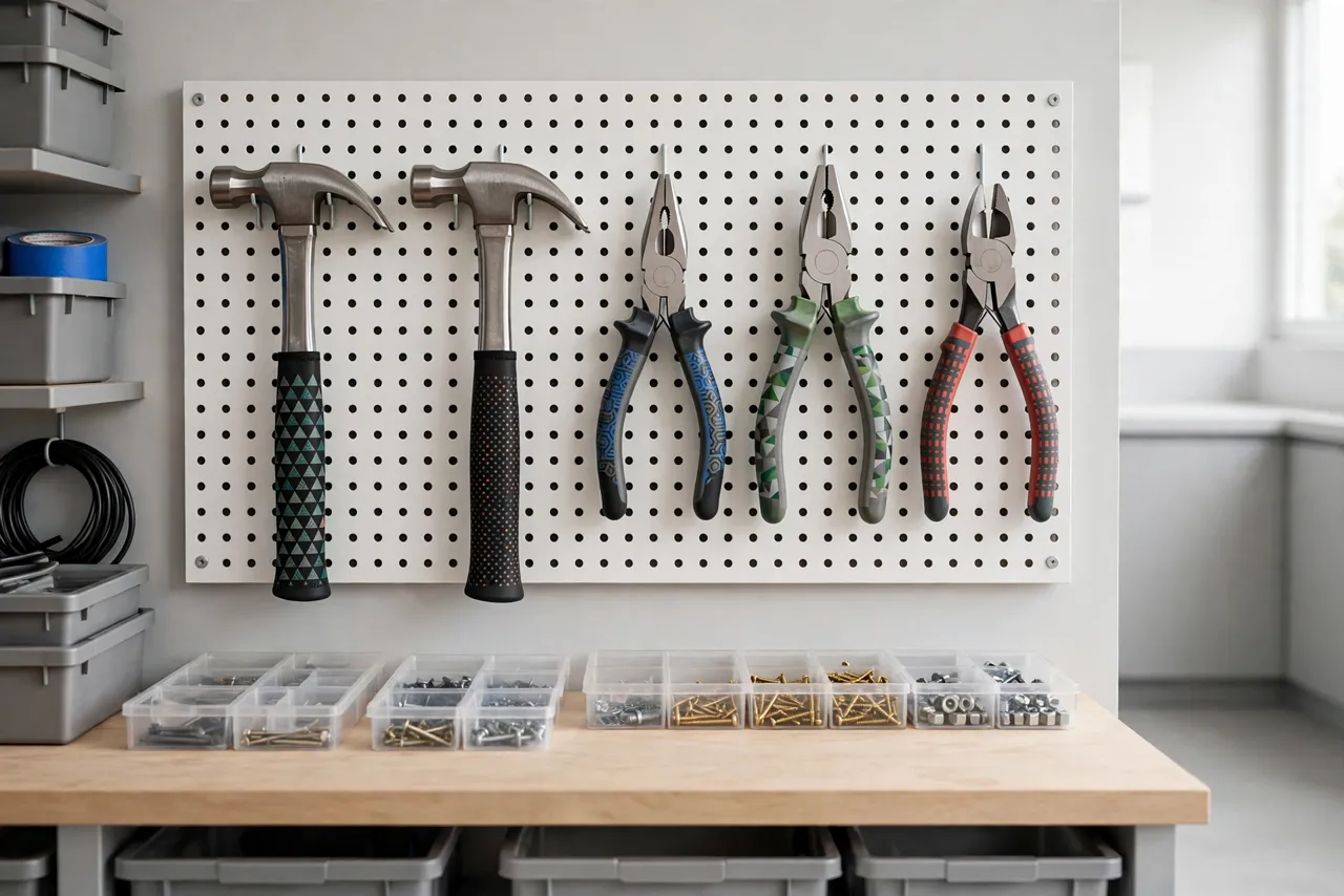A tidy workshop pegboard with hammers and pliers fitted with printed grip sleeves hanging in a row, bright clean workshop interior