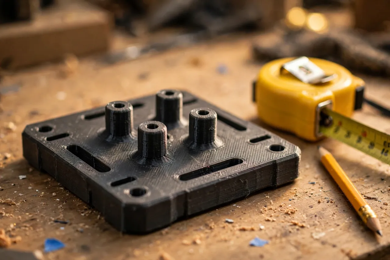Close-up view of a 3D printed adapter plate on a workbench with a tape measure and pencil beside it