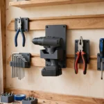 A bright home workshop wall with a wooden French cleat rail