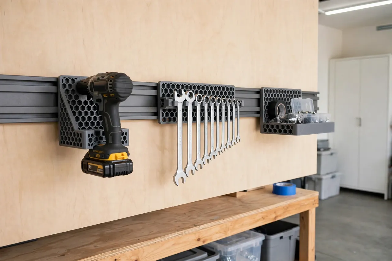 A tidy workshop wall where several different tool mounts — a drill holder, a wrench rack