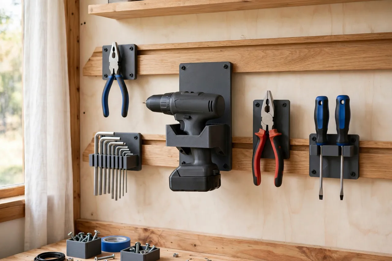 A bright home workshop wall with a wooden French cleat rail