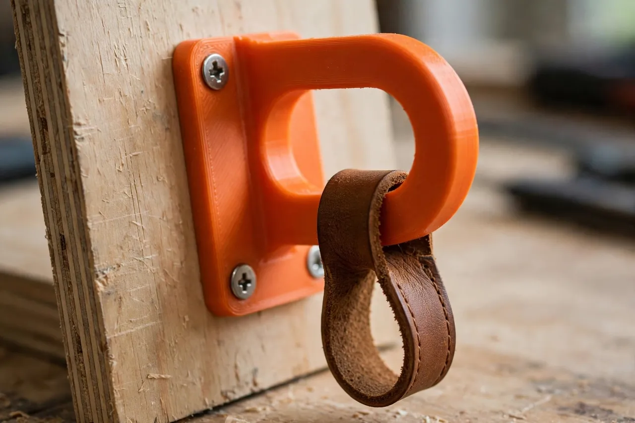 Close-up of a 3D printed tool pouch hook in matte orange plastic screwed to a wooden board