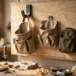 A workshop wall with a canvas tool pouch hanging from a charcoal-gray 3D printed hook on a plywood board