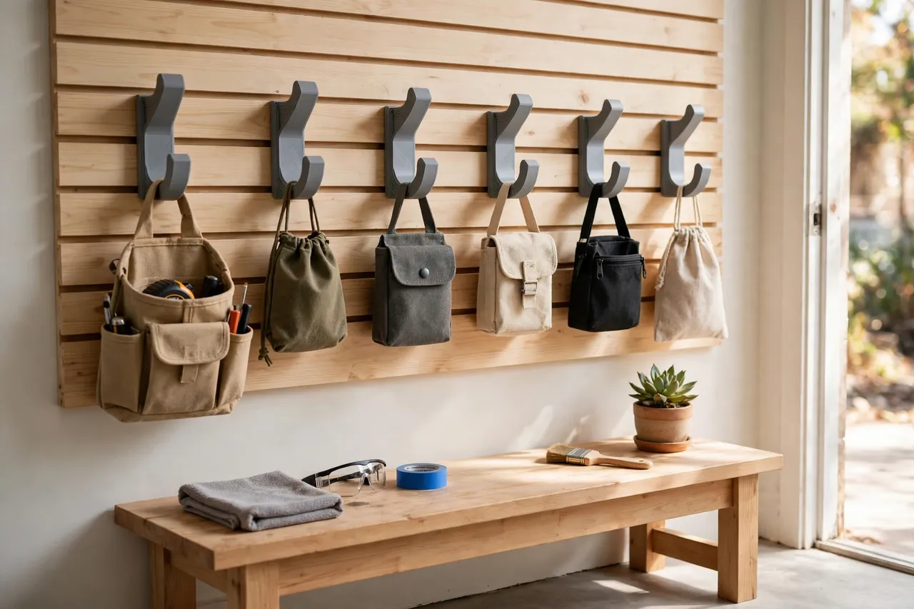 A tidy workshop entry wall with several tool pouches and small bags hanging in a row from matching 3D printed hooks, a bench below, bright daylight