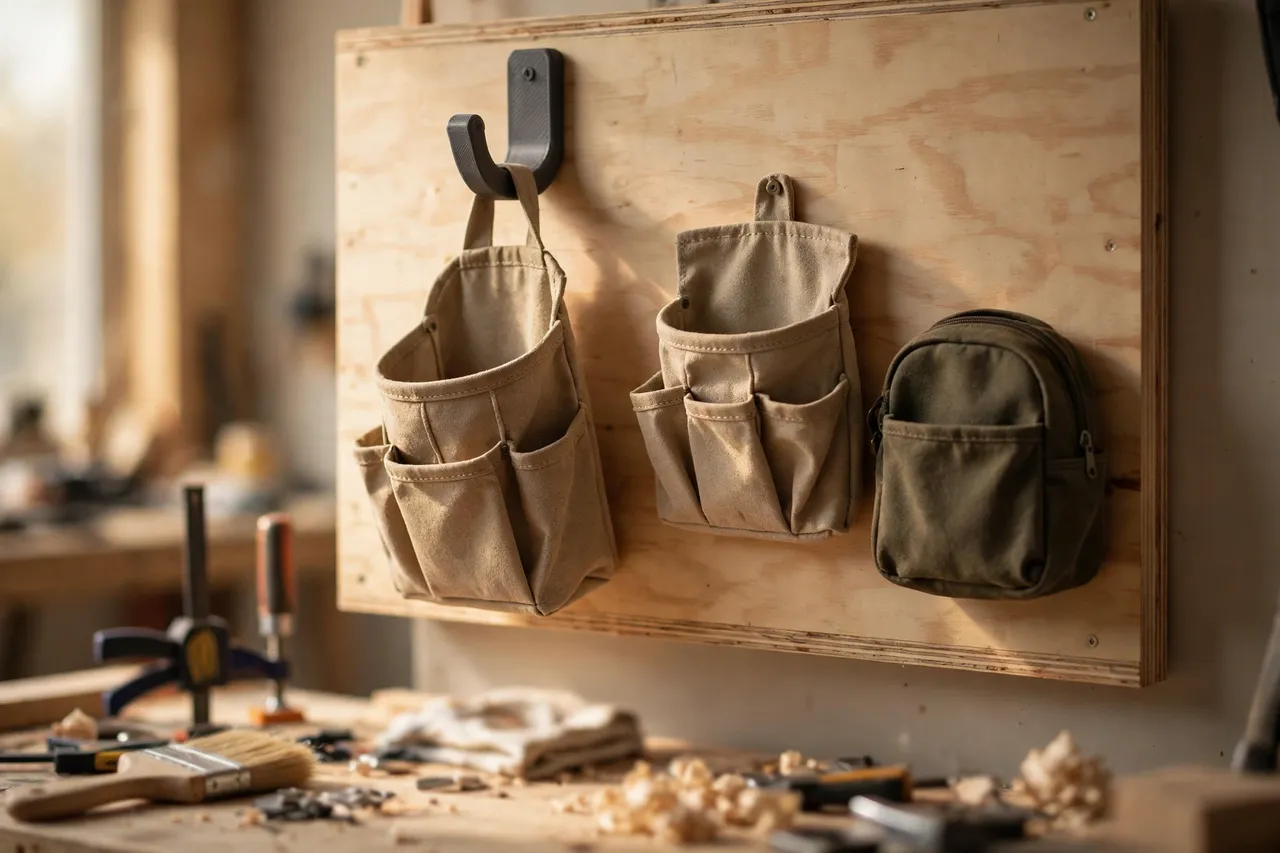 A workshop wall with a canvas tool pouch hanging from a charcoal-gray 3D printed hook on a plywood board