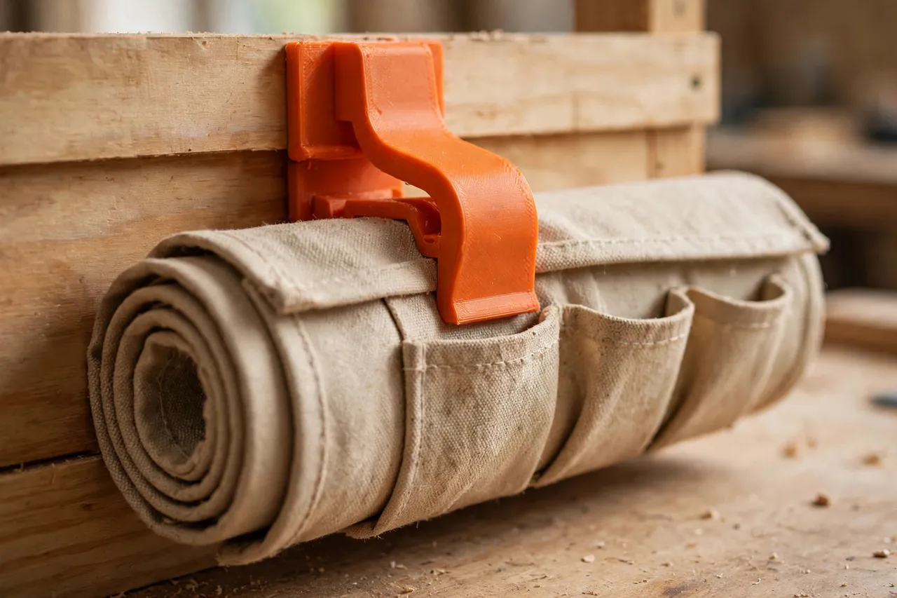 Close-up of a 3D printed tool roll hanger in matte orange plastic gripping the top edge of a rolled canvas tool kit on a wooden wall board, soft