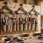 A workshop wall with a canvas tool roll hanging flat from charcoal-gray 3D printed hangers on a plywood board