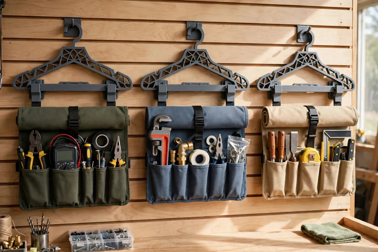A tidy workshop wall with three tool rolls hanging flat in a row from matching 3D printed hangers, labelled by trade, bright daylight