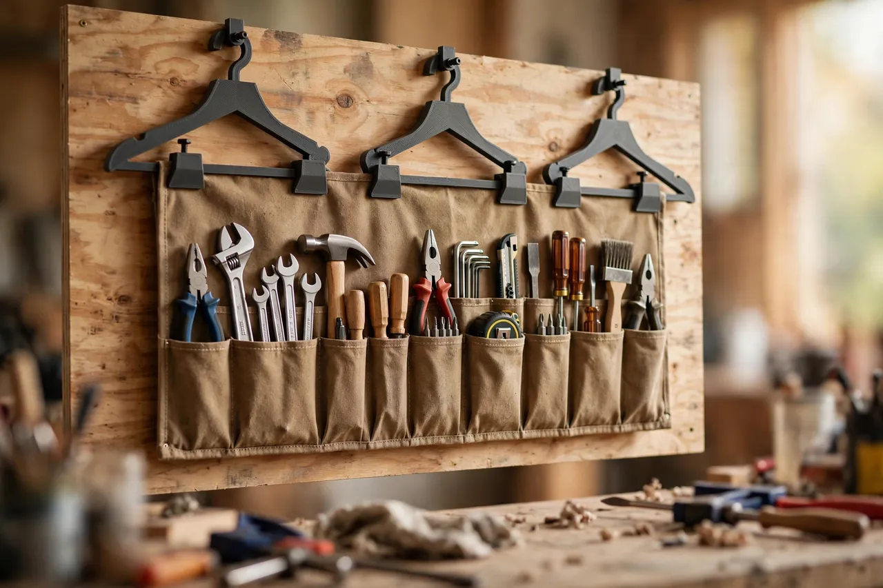 A workshop wall with a canvas tool roll hanging flat from charcoal-gray 3D printed hangers on a plywood board
