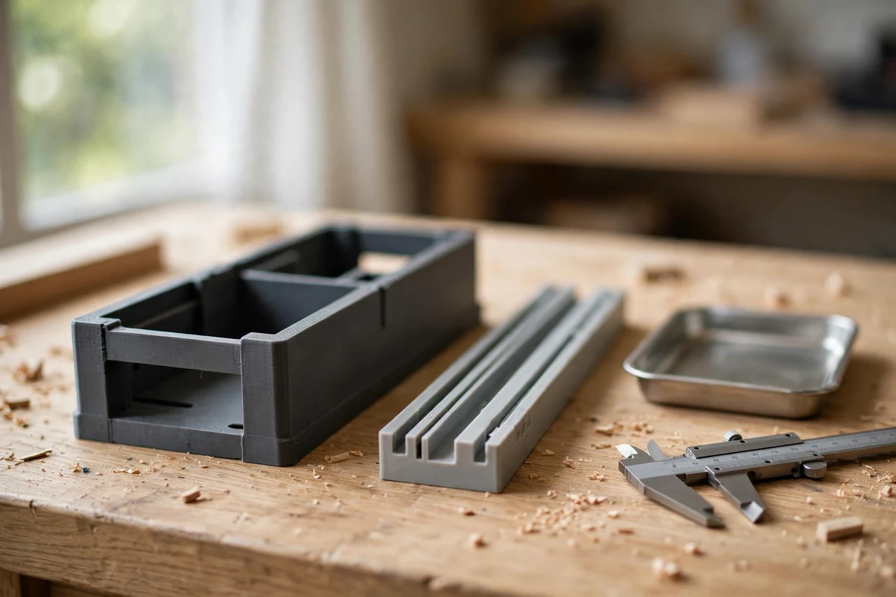 Home workshop scene on a light oak workbench, a matte charcoal-gray 3D printed toolbox divider to tray adapter beside a toolbox divider slot and a small tray and a pair of calipers, soft natural window light, shallow depth of field