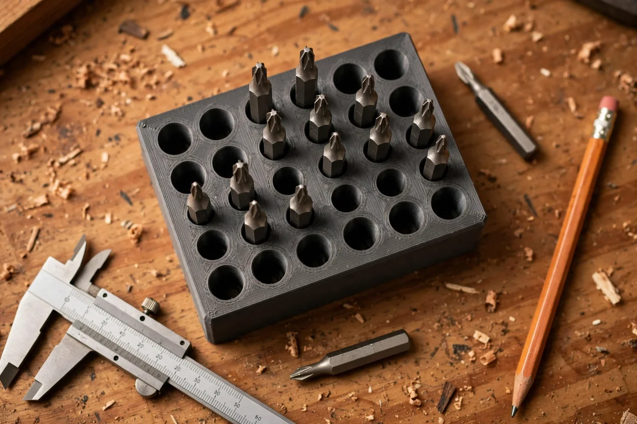 Close-up top-down view of a matte charcoal-gray 3D printed torx bit storage block being test-fitted with torx bits on a workbench, calipers and a pencil nearby, warm workshop lighting