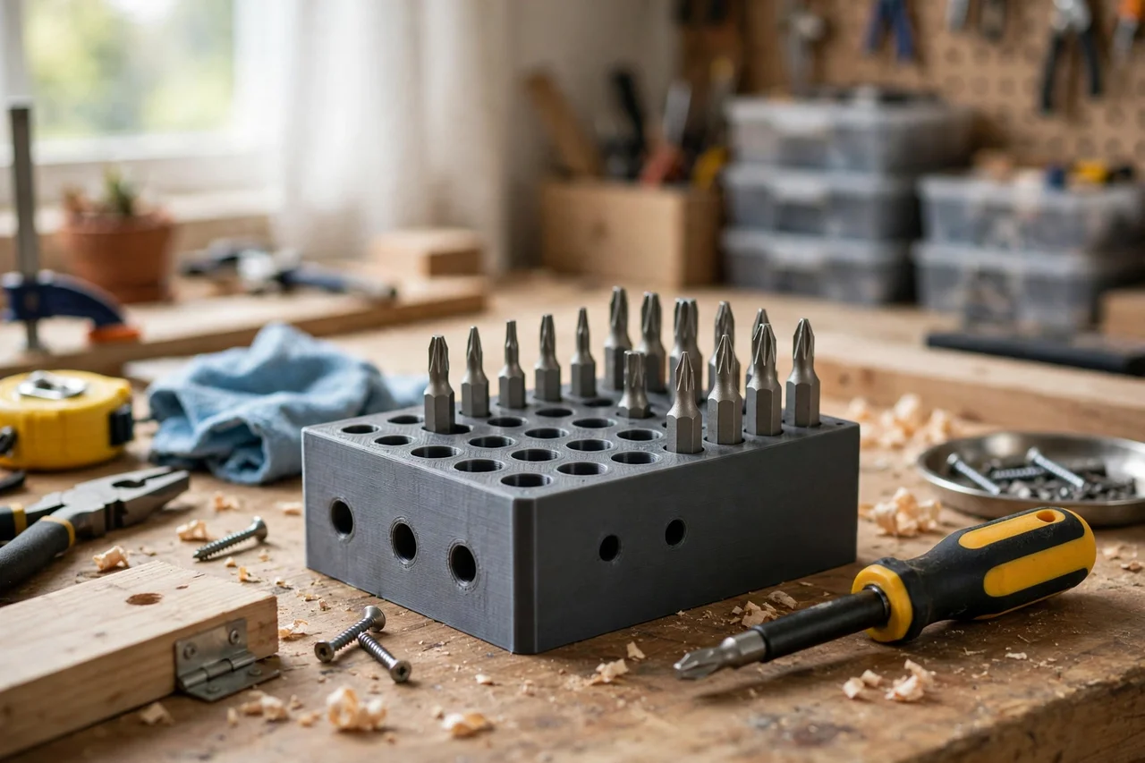 View of the finished 3D printed torx bit storage block in use during a home repair tidy-up on a workbench, tidy workshop background in soft focus, bright natural light